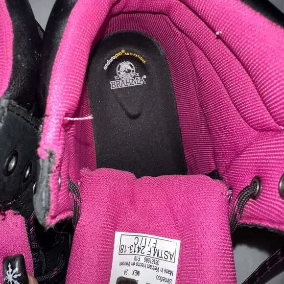 Brahma Bevel Women's Steel Toe Black Pink Leather Utility Work Boots - Picture 4 of 12